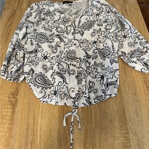 Adrienne Vittadini White and Black Paisley Drawstring Blouse